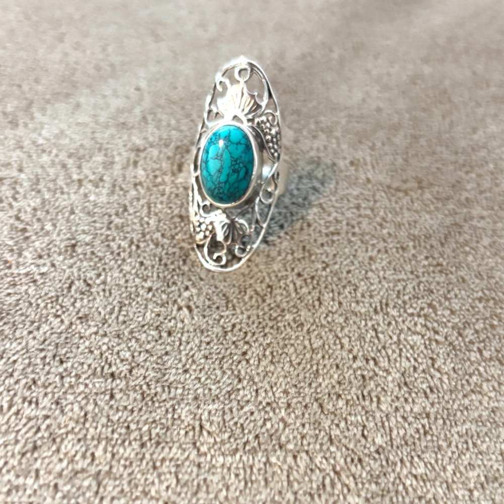 Turquoise Stone Oval Cabochon‎ Size 7 Sterling 925 Silver Vintage Southwestern